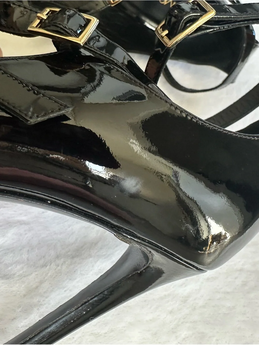 Tamara Mellon pistol 105 black patent triple strap pumps caged heels size 40/us